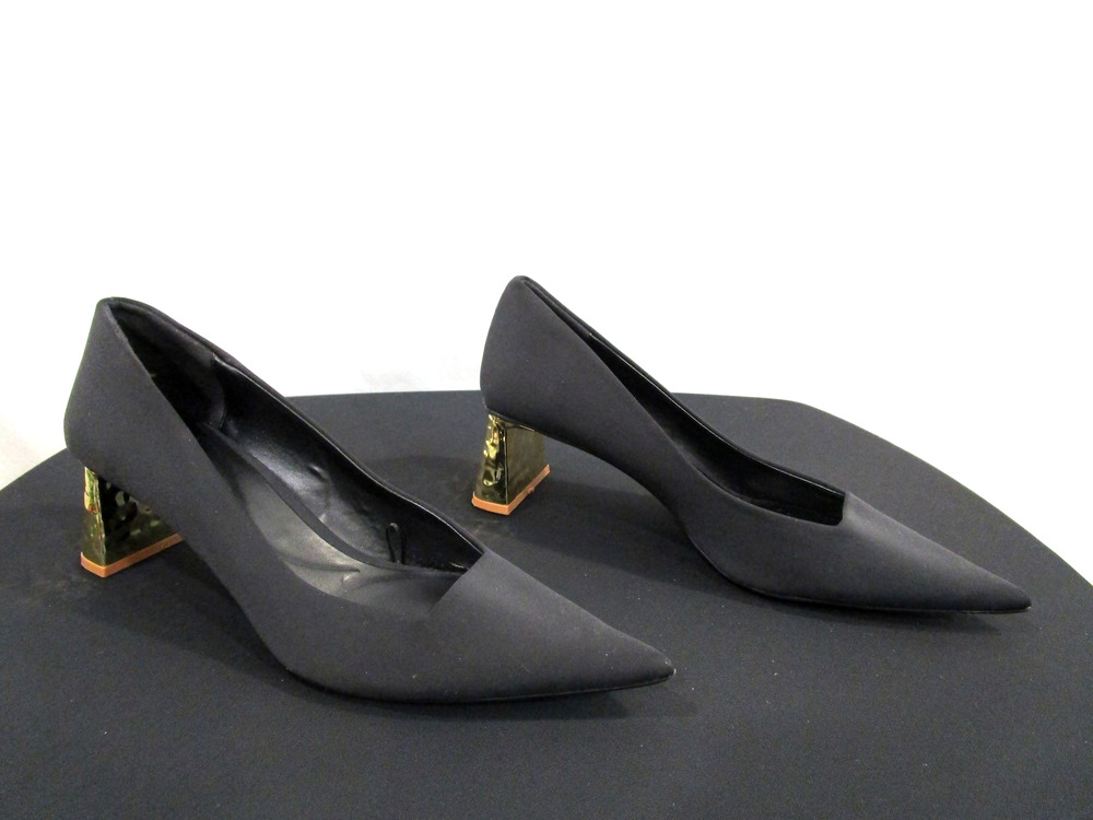 Zara Black Fabric Hammered Gold Block Heel Point Toe Pumps Women 41 EU/10 US